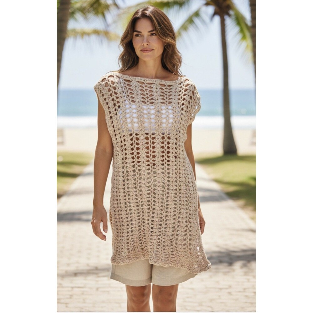 Handmade Crochet Swim Cover Up Speckled Cream Beach Dress OSFA Boho Rag Style